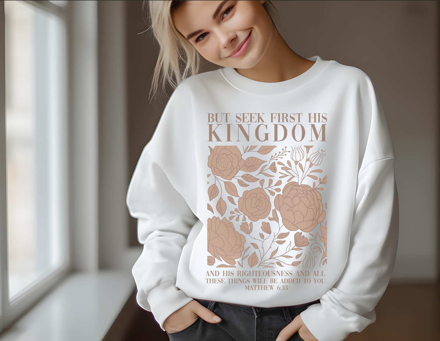Vintage Printed Faith Sweatshirt | Matthew 6:33 Seek First His Kingdom
