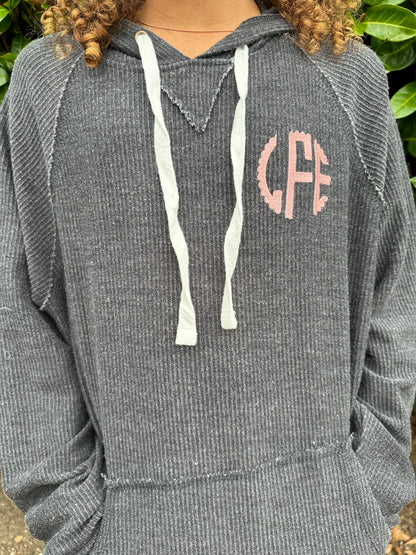 Embroidered Monogram Corduroy Distressed Hooded Sweatshirt