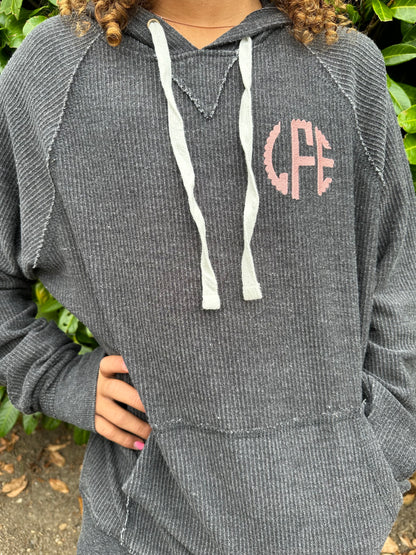 Embroidered Monogram Corduroy Distressed Hooded Sweatshirt