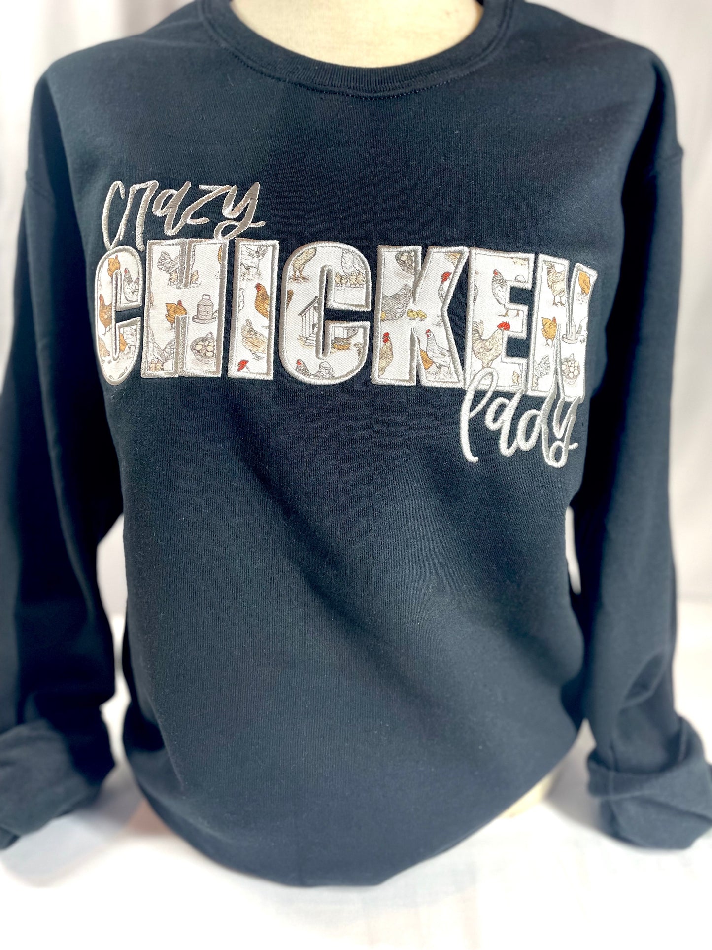 Crazy Chicken Lady Applique Embroidered Sweatshirt