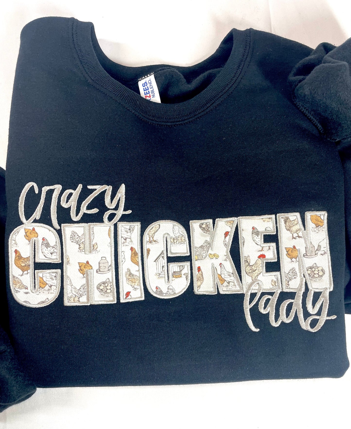 Crazy Chicken Lady Applique Embroidered Sweatshirt