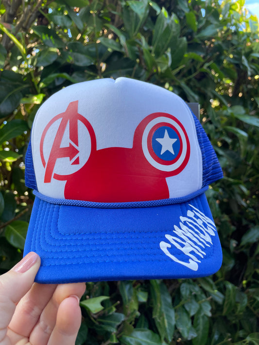 Personalized "Captain America Avengers" Trucker Hats | Youth and Adult Sizes | Marvel Hats | Disney Hats | Disneyland | Magical Vacation  - Adult and Youth