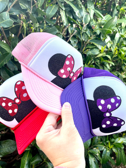 Personalized Minnie Ears Polka Dot Bow Trucker Hats - Adult and Youth