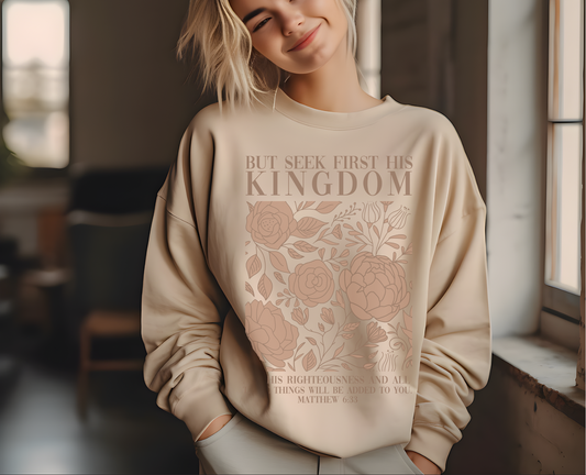 Vintage Printed Faith Sweatshirt | Matthew 6:33 Seek First His Kingdom