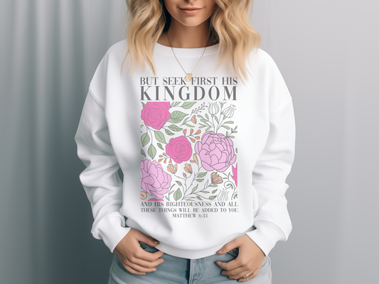 Vintage Printed Faith Sweatshirt | Bright Multi Matthew 6:33 Seek First His Kingdom